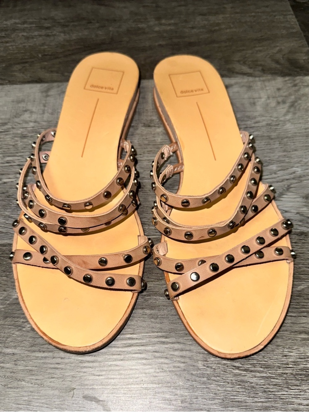 Dolce Vita Studded Strappy Slide Sandals Size 9 Tan Leather Flat Sandals